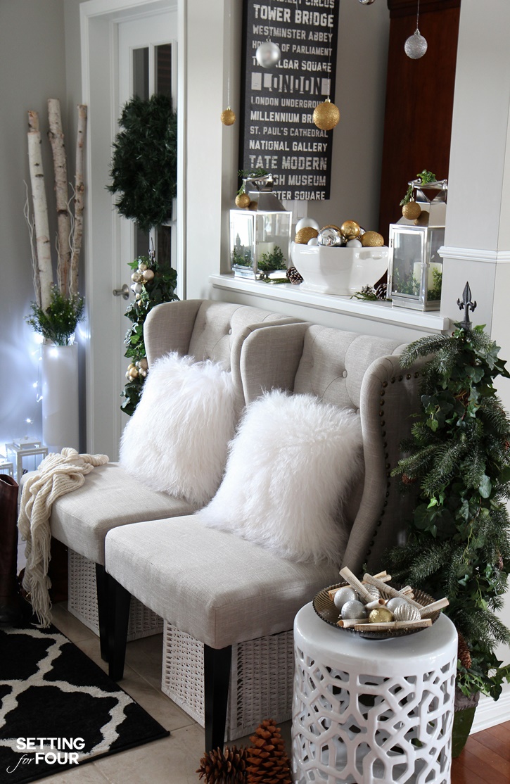 Welcome to my Woodland Chic Christmas home tour with Country Living Magazine! See my Christmas foyer and get tons of decor ideas using glam, shimmer, metallics and shine mixed with lots of natural elements, woodland icons and neutrals! www.settingforfour.com