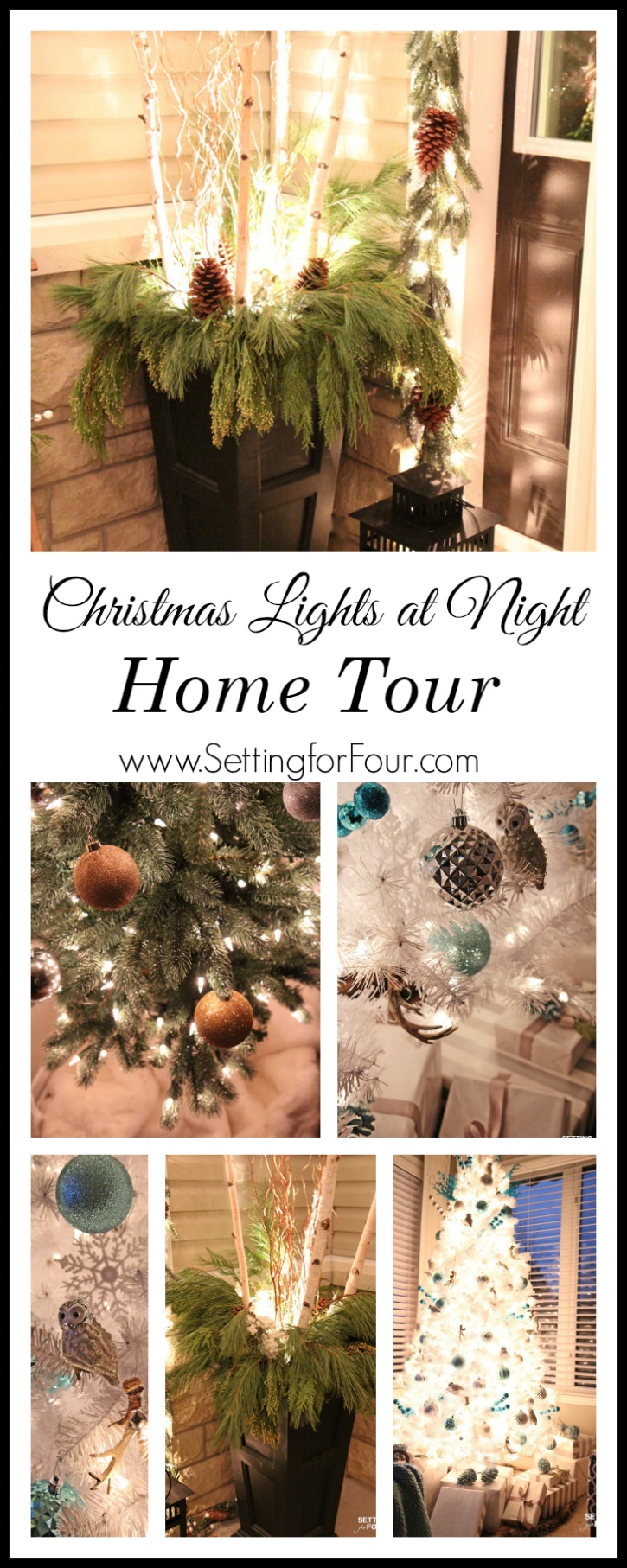 See this gorgeous Christmas Lights at Night Home Tour! This design bloggers shares decor tips and her home all lit up at night!