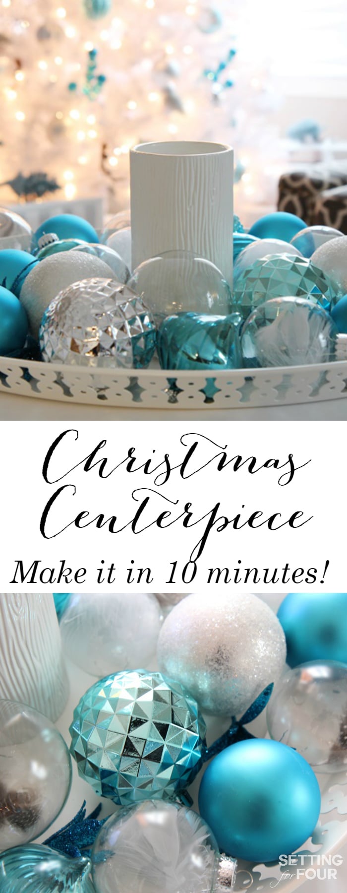 See how you can decorate your home for the holidays  in just 10 minutes with this beautiful Christmas centerpiece tray! I'll show you step by step how to display your favorite Christmas ornaments in a pretty way where there is no Christmas tree required! This Christmas display is such a fabulous festive way to decorate your coffee table, foyer table, dining table or kitchen island in record time. 