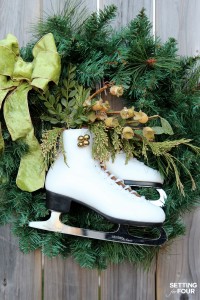 Learn how to make this easy, beautiful DIY ice skate wreath to add festive decor to your home for Christmas and winter! Adds curb appeal to your front door for the holidays!