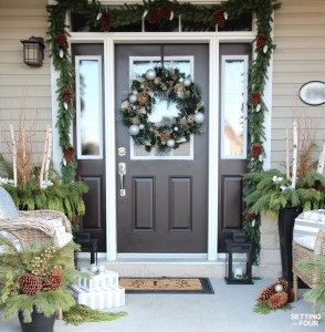 Come see all of my Holiday Cheer Outdoor Christmas Decorations and Christmas Entryway Home Tour. I show you how I love to add holiday curb appeal to my home! www.settingforfour.com