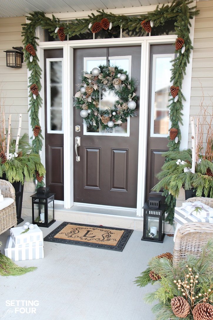 Come see all of my Holiday Cheer Outdoor Christmas Decorations and Christmas Entryway Home Tour. I show you how I love to add holiday curb appeal to my home! www.settingforfour.com