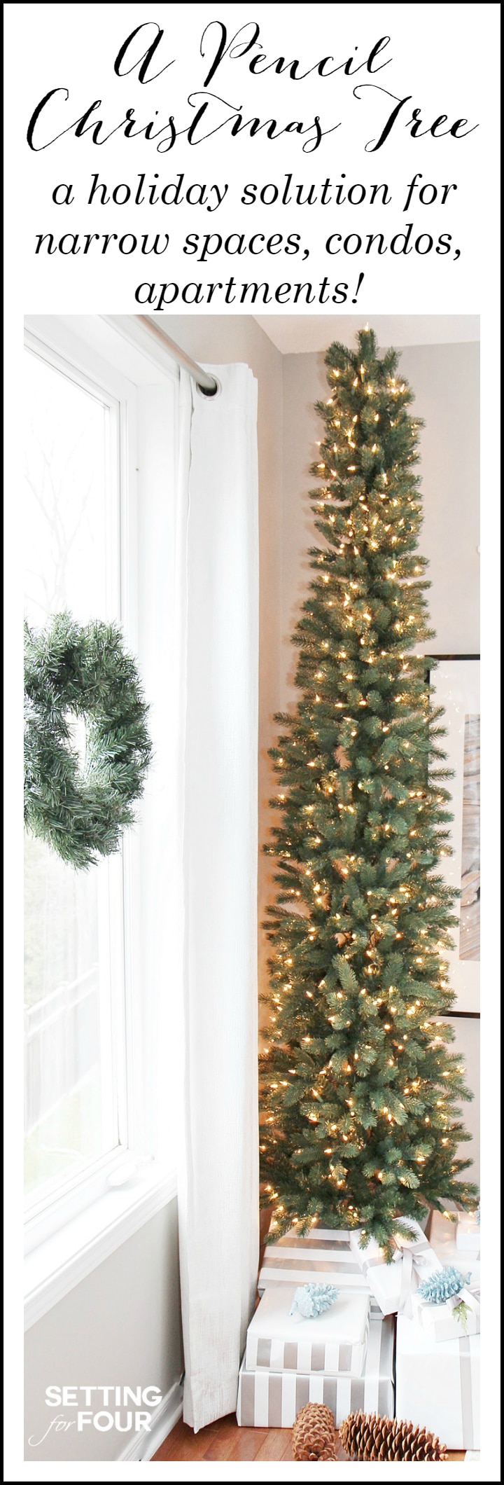 See how you can decorate any narrow spot in your home with a PENCIL CHRISTMAS TREE - a slim tree style, designed for narrow spaces like foyers, hallways and corners! PERFECT for apartments and condos! www.settingforfour.com.