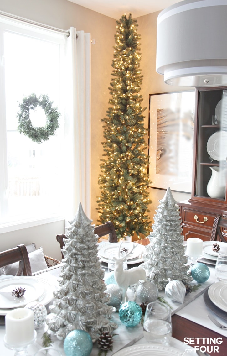 See how you can decorate any narrow spot in your home with a PENCIL CHRISTMAS TREE - a slim tree style, designed for narrow spaces like foyers, hallways and corners! www.settingforfour.com.