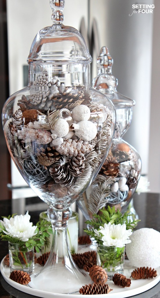 10 minute Kitchen Decorating idea using apothecary jars. #kitchen #apothecaryjar #decor #decoratingideas #decorideas #flowers #vasefiller