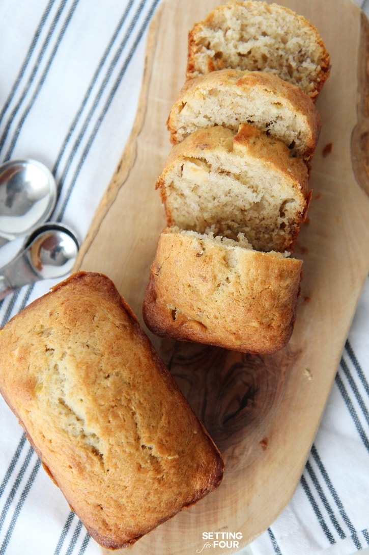 This yummy recipe for banana bread is easy to make, has a hint of maple syrup and is perfectly moist and delicious! www.settingforfour.com