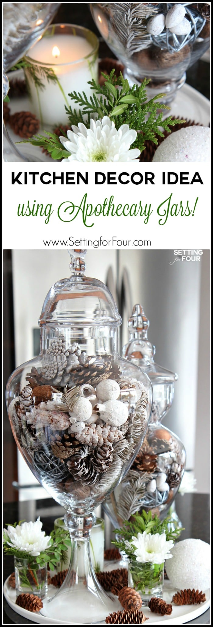 Decorate your kitchen in a jiffy with a beautiful centerpiece using apothecary jars! Apothecary jars filled with seasonal vase fillers are an easy and inexpensive way to add color and accessorize a neutral kitchen. 