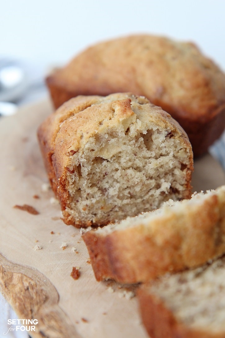 This yummy banana bread recipe is easy to make, has a hint of maple syrup and is perfectly moist and delicious! www.settingforfour.com