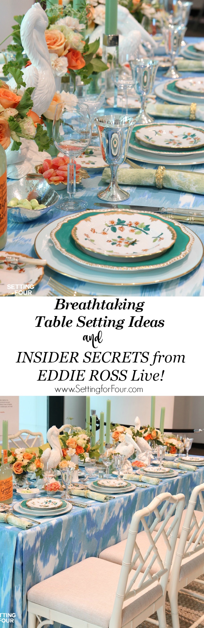 I saw Eddie Ross live and he revealed his insider secrets on how to create a breathtaking table setting for a memorable dining experience! And I'm sharing them all with you! Discover his secret tips on choosing chic dinnerware, plates, cutlery, glasses, centerpiece and exciting tabletop decor ideas. You'll LOVE these entertaining tips! For dinner party or wedding reception. www.settingforfour.com