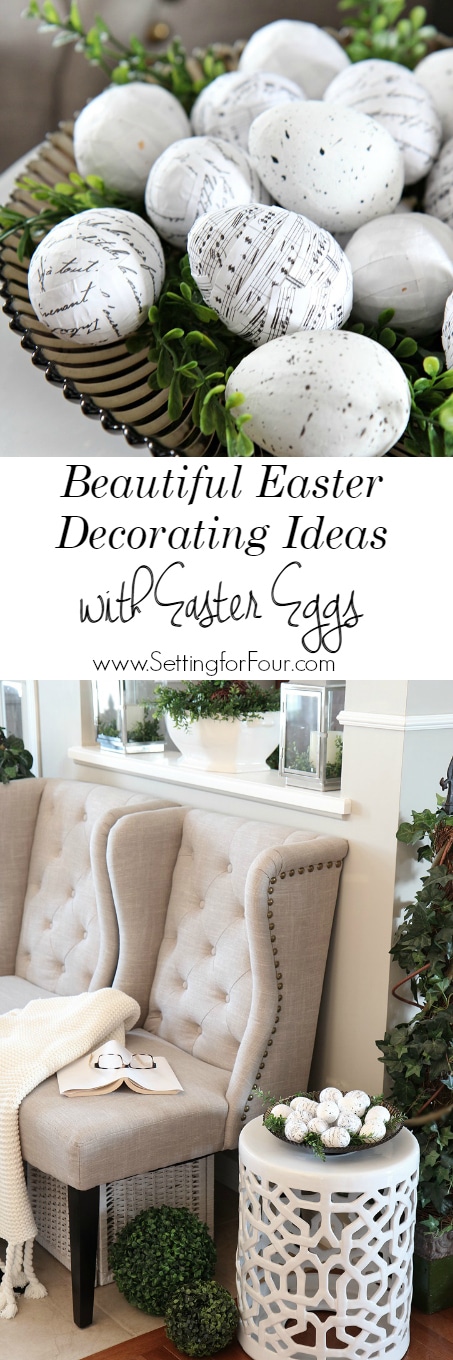 Decorate for Easter in a jiffy! I love decorating in simple, easy ways for Easter and Spring. Come see these easy, beautiful Easter decorating ideas with Easter eggs that you can DIY! www.settingforfour.com