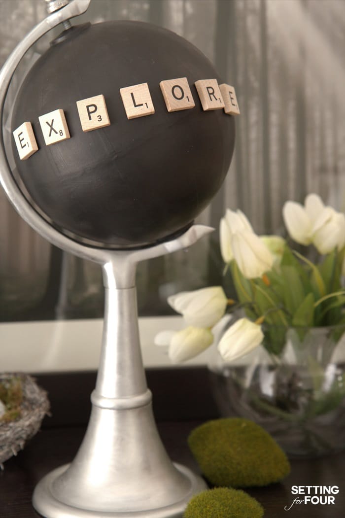 Make a pretty Chalkboard Globe in a jiffy with a globe, paint and Scrabble letters! Just 4 easy steps is all it takes to turn an old globe into this beautiful decor accessory. Customize it by spelling out a special word with scrabble letters. The chalkboard paint allows you to write notes or draw pictures too - how fun!