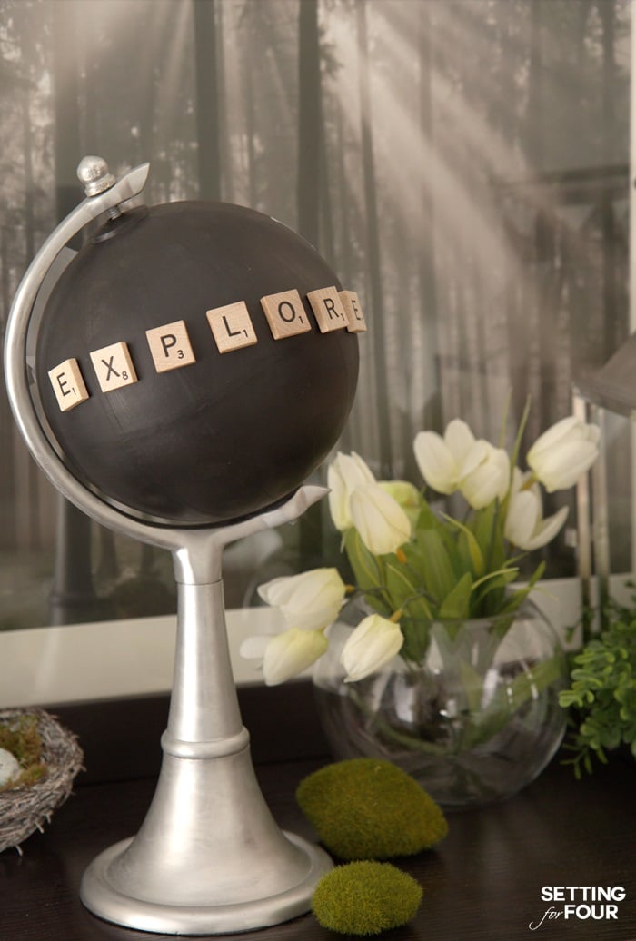 Make a fabulous Chalkboard Globe in a jiffy with a globe, paint and Scrabble letters! Just 4 easy steps is all it takes to turn an old globe into this beautiful decor accessory. Customize it by spelling out a special word with scrabble letters. The chalkboard paint allows you to write notes or draw pictures too - how fun!