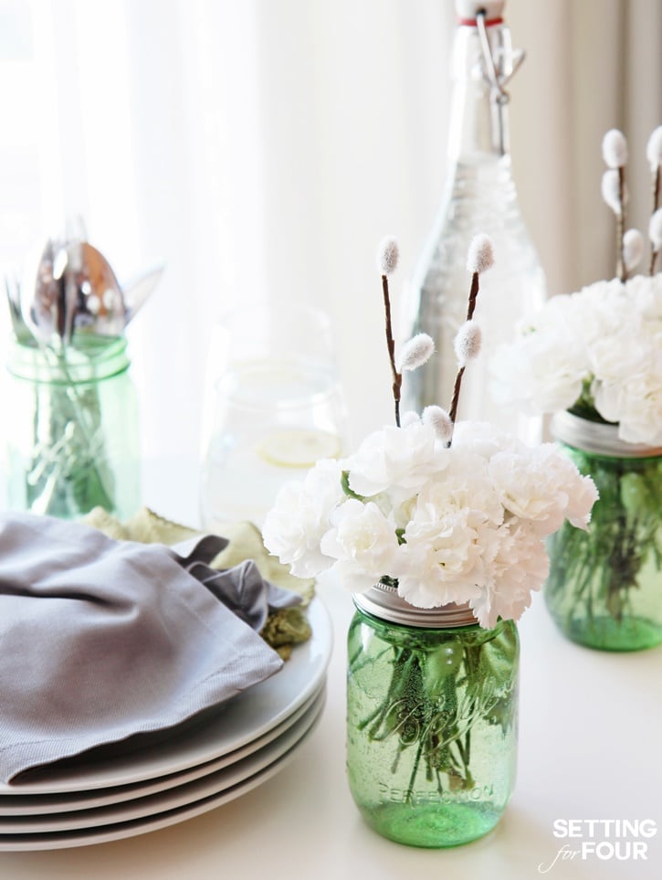 DIY Mason Jar Centerpieces! 10 minute DIY Decor idea - perfect for weddings, Mother's Day brunch, hostess gift and everyday table decorating. www.settingforfour.com