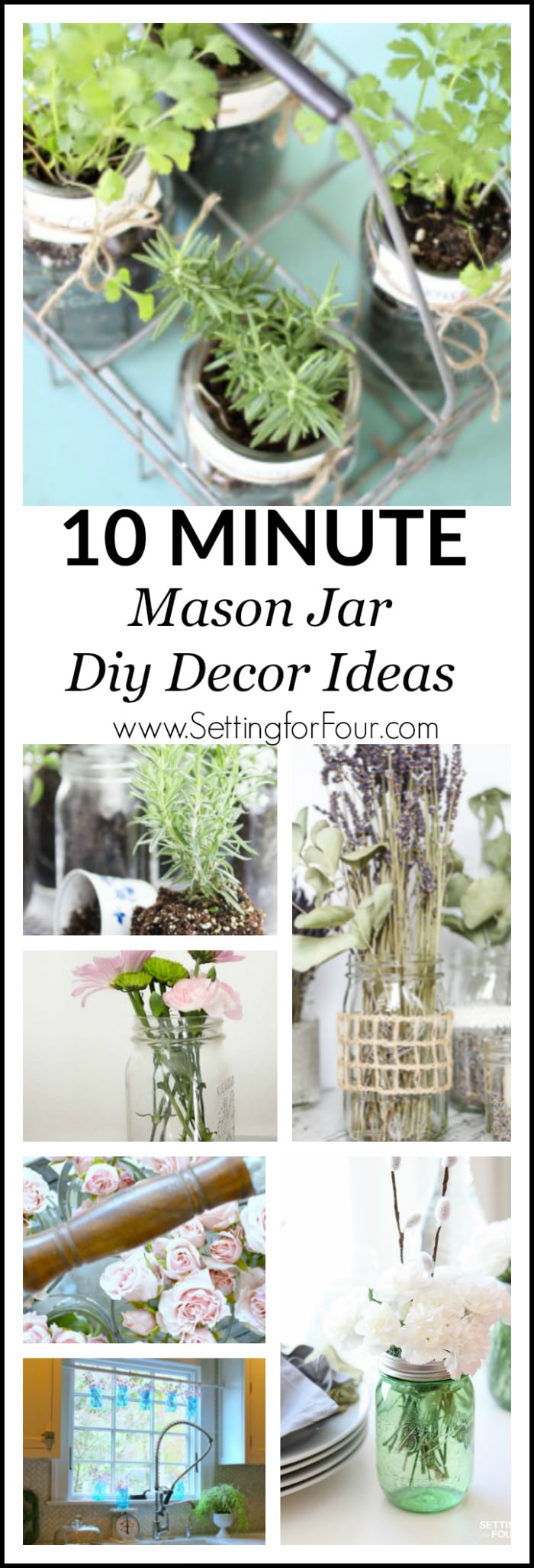 Learn how to make quick and easy 10 minute table centerpieces, baskets and hanging displays with herbs and flowers using new and vintage mason jars! These gorgeous mason jar decor ideas are perfect for wedding and bridal showers, Mother's Day gifts, Mother's Day brunch table centerpieces and hostess gifts! 