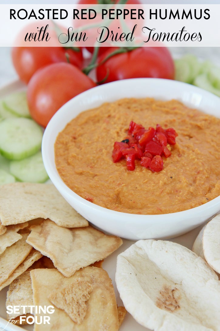 Roasted Red Pepper Hummus with Sun-Dried Tomatoes: Bored with your every day snack routine? Mix it up with the NEW BUSH'S® Hummus Made Easy in a pouch - a homemade, creamy hummus recipe that you can whip up in just three simple steps! Just 5 minutes to prepare. You'll love this easy vegetarian recipe - makes a quick and delicious party dip and spread. Get the recipe at Setting for Four.