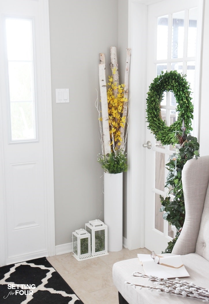 Looking to get a grand foyer look but not sure how? Come see my Spring Foyer - I'm sharing lots of diy home decor ideas that will add vigor to your vestibule! Get inspired with these beautiful spring decorating ideas!