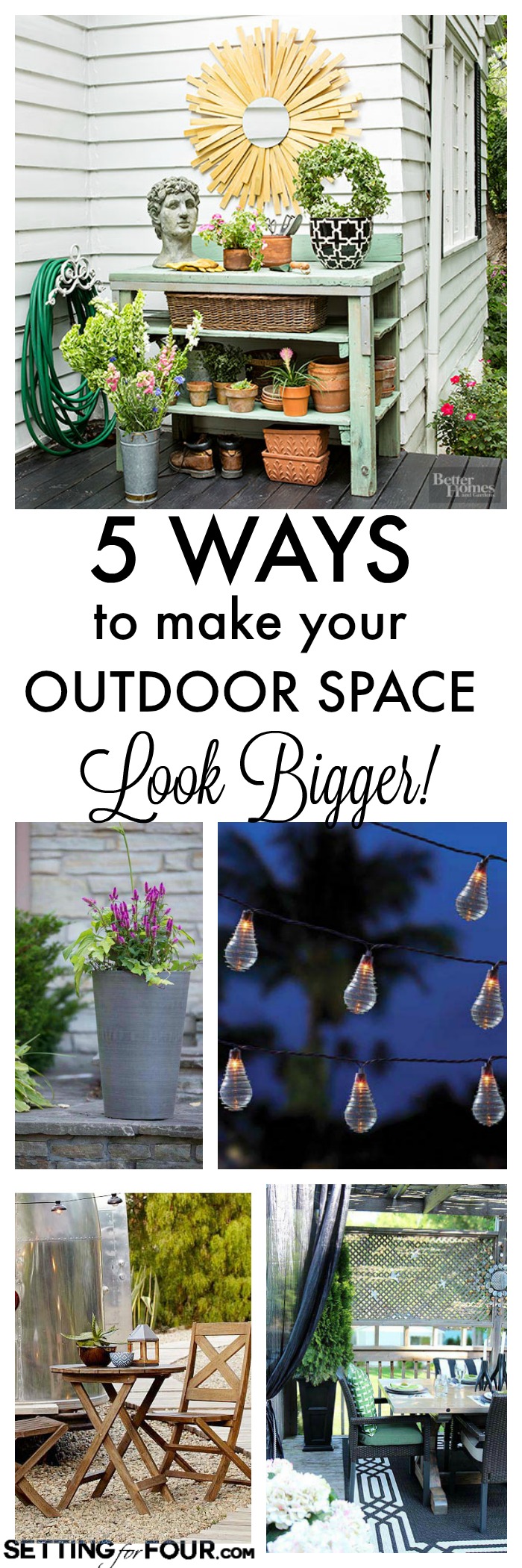 How to fake more space on your outdoor patio or deck! See these 5 instant ways to make your outdoor space look deceptively large at www.settingforfour.com