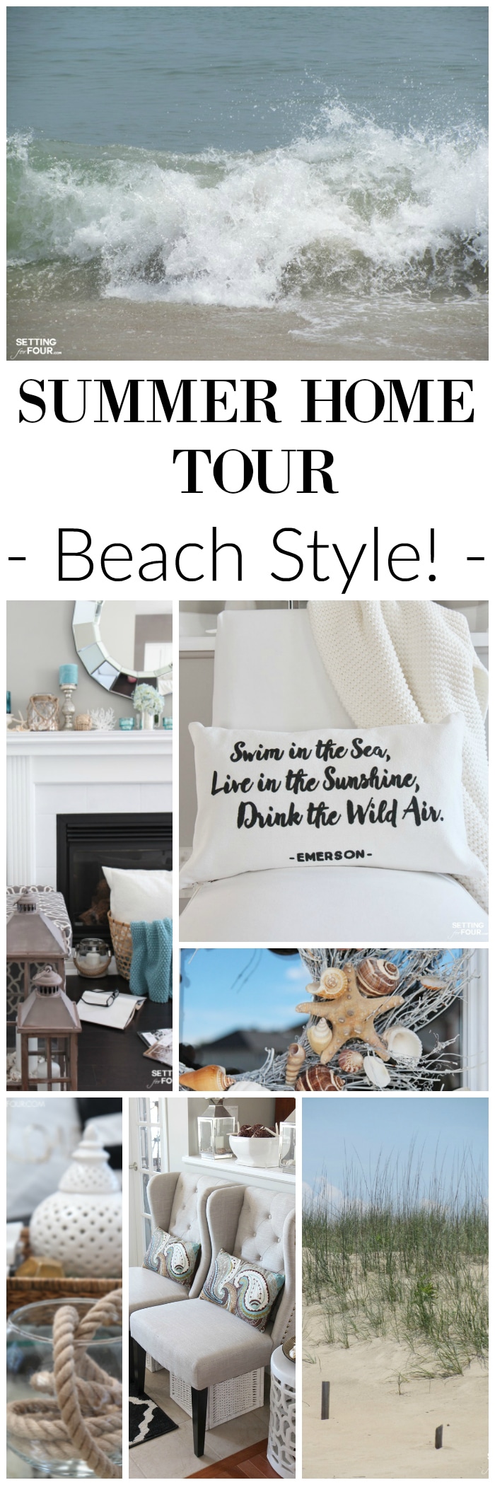 See my summer house tour! Lots of great beach style decor ideas that you can add to your home! Includes lots of DIY decor ideas and tips! www.settingforfour.com