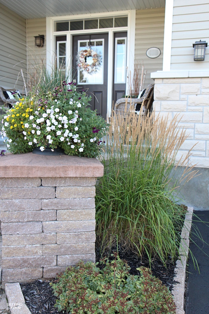 Our home's front flower beds contain ornamental grasses and sedum - both low maintenance plants for your flower gardens!