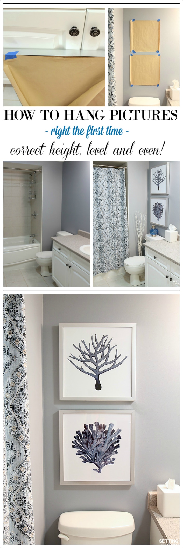 Pictures and art add beauty to any room - even the bathroom! See how I chose the PERFECT artwork to go with our bathroom paint color undertones! Plus the simple DIY trick I use to hang pictures perfectly straight, even and at the correct height every time- no more guesswork! Take the mystery out of what size and color of art to hang in a bathroom and the correct height to hang it with a few simple decor guidelines! I'm also sharing 5 useful interior home decor tips to get that designer look - you won't want to miss this!