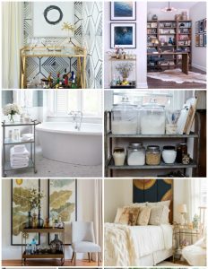 Get these 15 CREATIVE Ways to Use and Style a Bar Cart and get ideas on how to use them in kitchens, dining rooms, bathrooms and bedrooms!