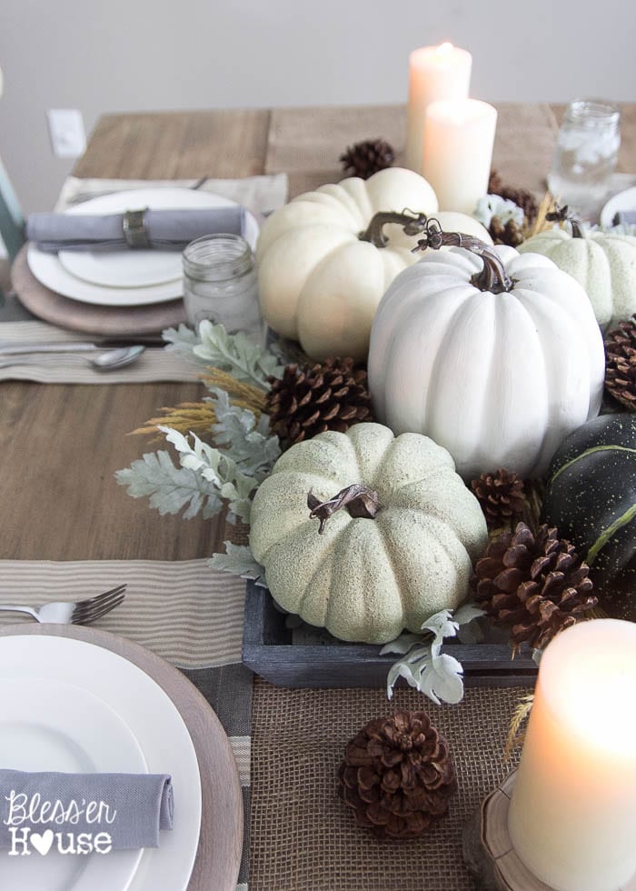 A Muted Fall Centerpiece: See all 7 Stunning Fall Centerpiece Ideas to decorate your home for autumn! 7 beautiful easy to make centerpiece ideas using pumpkins, gourds, feathers and fall leaves for your dining table, end table and coffee table! 