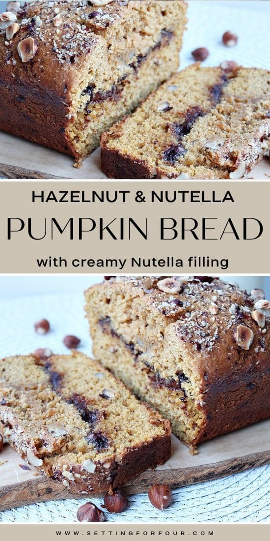 Easy Hazelnut & Nutella Pumpkin Bread Recipe - with creamy Nutella filling! Delicious homemade snack idea for fall, winter, Thanksgiving and the holidays.
