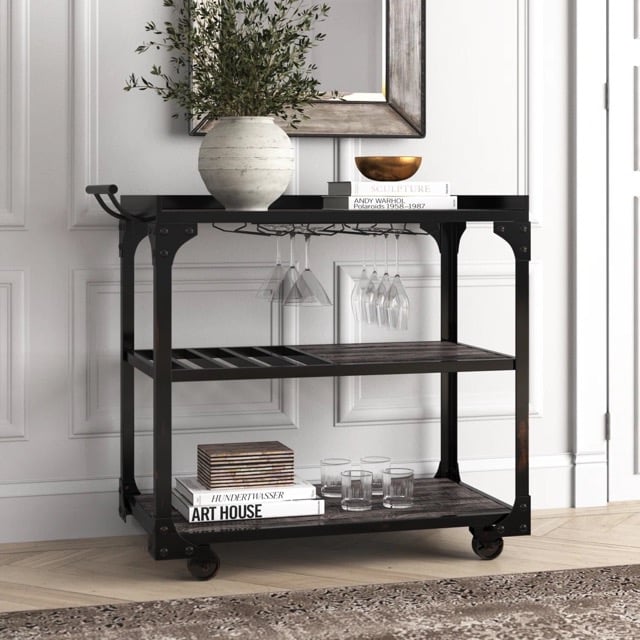 Neutral Bar Cart Decorating Ideas, neutral color palette, black and white color scheme, barware,  books, vase of branches to decorate, modern, transitional home inspiration, Pottery Barn style, Wayfair home aesthetic, 2026 trends
