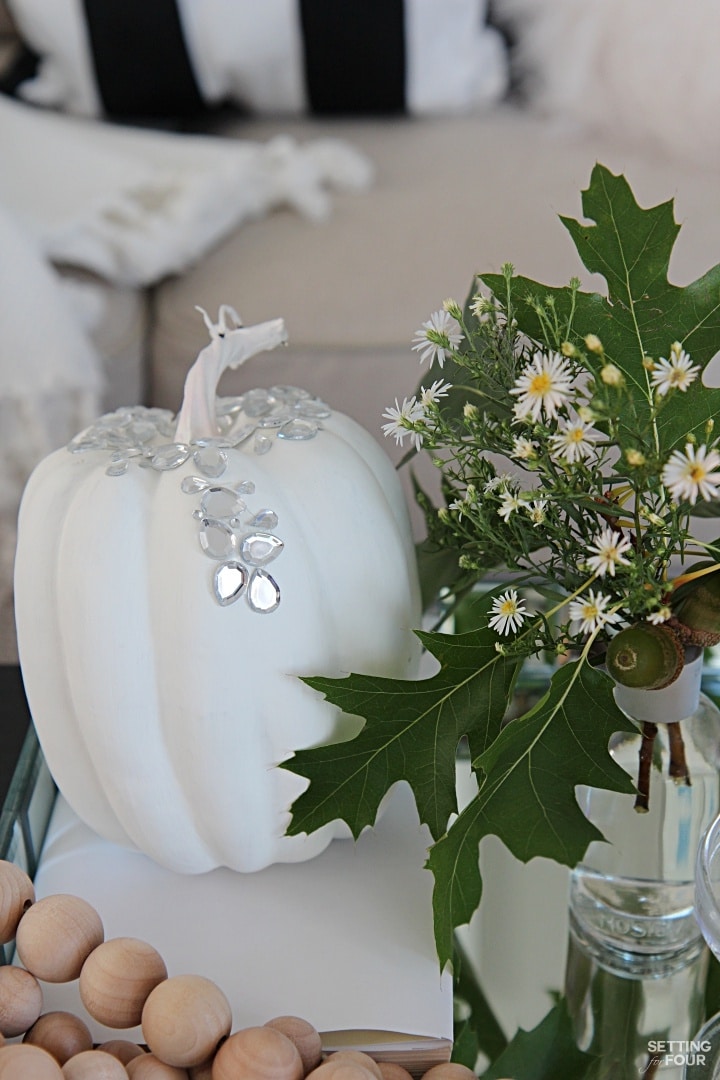 DIY Pumpkin with crystals. See how to use them to make a quick and easy decorative fall tray for the coffee table!