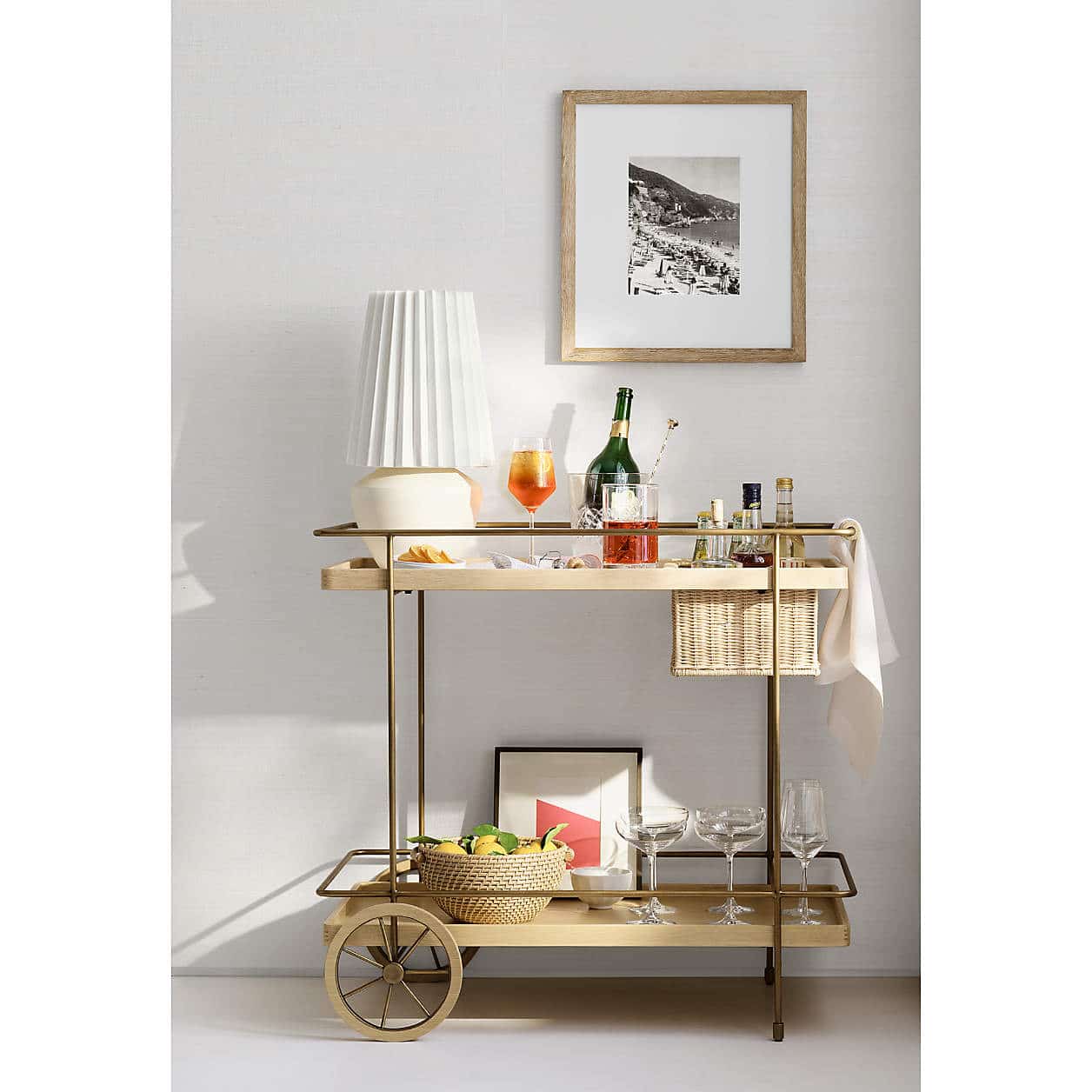 Stylish Bar Car Decorating Inspiration, Neutral Bar Cart Decor Aesthetic, wood bar cart idea,  organic modern bar cart decor Ideas, bar cart styling inspiration, organic modern, transitional, cozy room, 2026 design trends, Crate & Barrel style