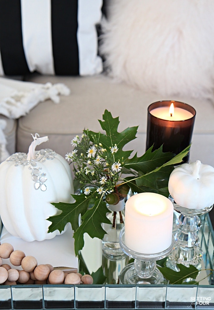 See this pretty fall bouquet of wild asters and oak leaves and elegant fall tray decor ideas.