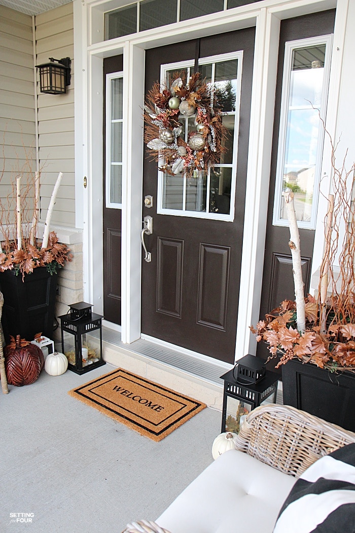 Welcome to my Fall Home Tour Part 2 - my Fall Front Porch! See my Fall urns and wreath for our front door area.