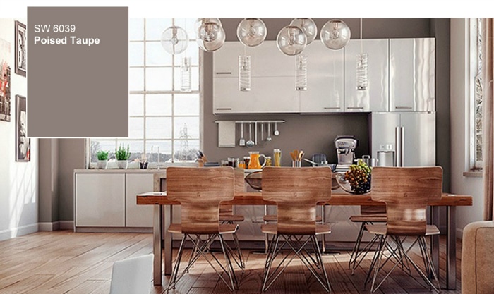 Poised Taupe paint color in a kitchen - beautiful with white cabinets and wood and metal dining furniture.