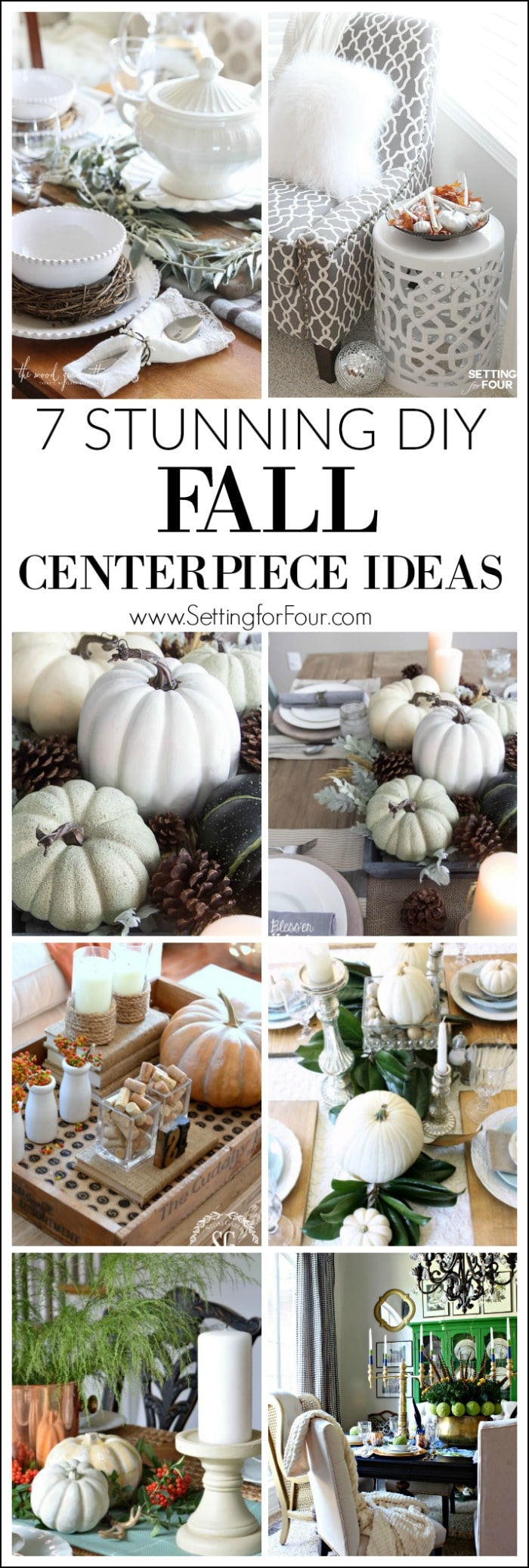 See 7 Stunning Fall Centerpiece Ideas to decorate your home for autumn! 7 beautiful easy to make centerpiece ideas using pumpkins, gourds, feathers and fall leaves for your dining table, end table and coffee table! 