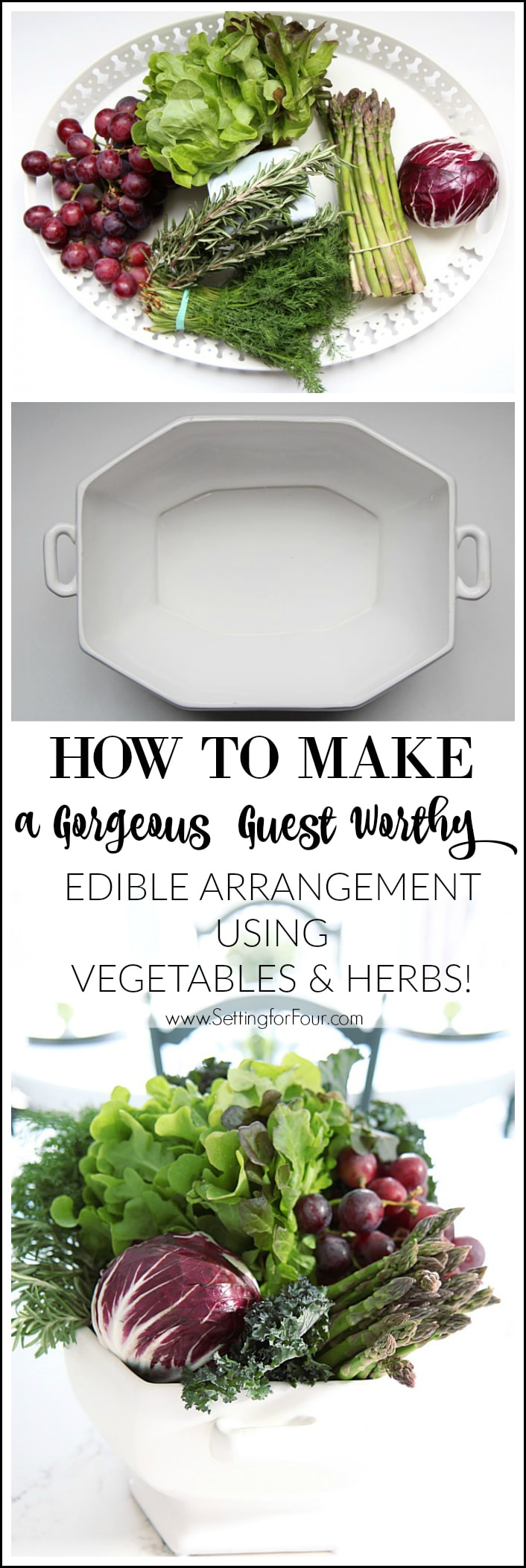 How to make a Gorgeous, Guest Worthy and Edible Arrangement using fresh vegetables, fruit and herbs. Great entertaining idea!