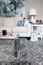 What a gorgeous living room decorated in an indigo blue color scheme - love the indigo blue abstract art and area rug!