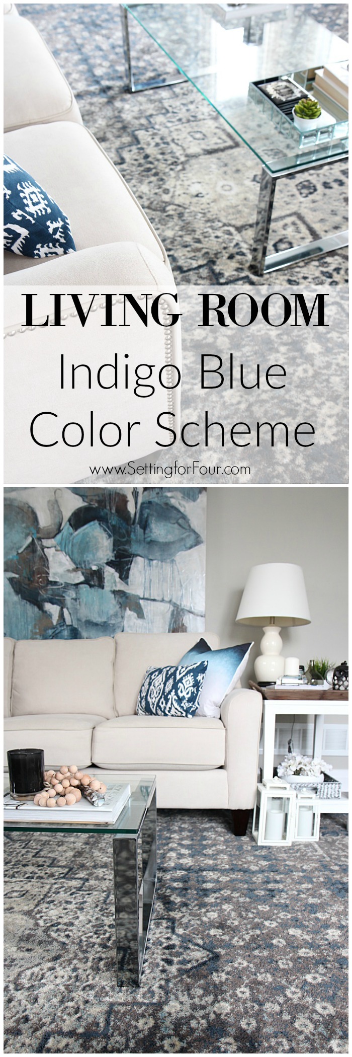 Living Room Indigo Blue Color Scheme. You HAVE to see this amazing gorgeous indigo blue area rug in a vintage washed pattern. Resource list for the entire room included!