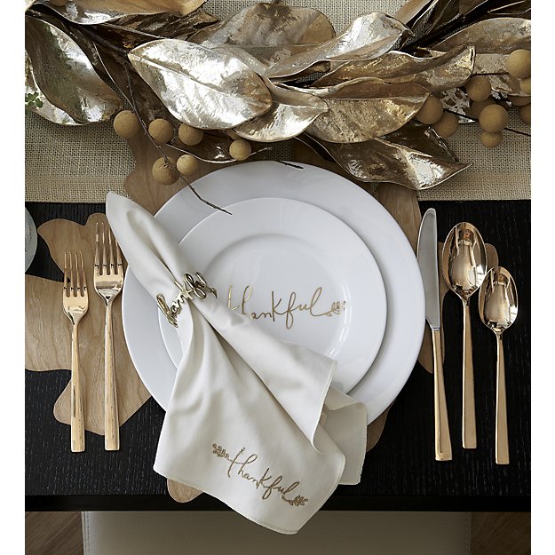 Gold handwriting 'thankful' dinnerware - perfect for Thanksgiving dinner tabletop!