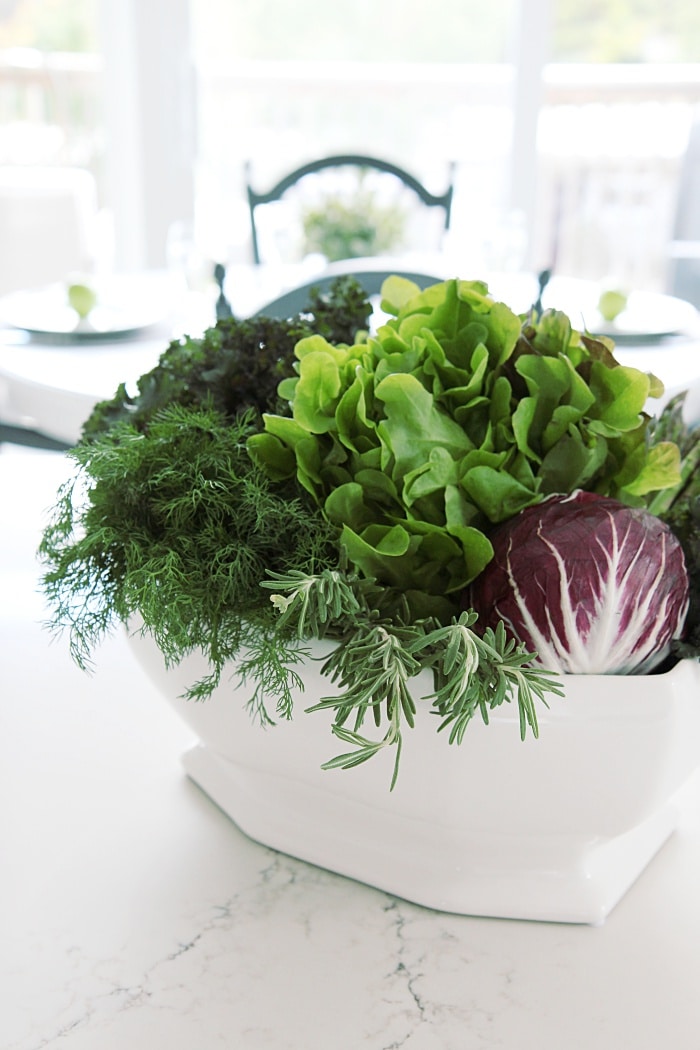 Quick and Easy DIY vegetable, fruit and herb centerpiece arrangement.