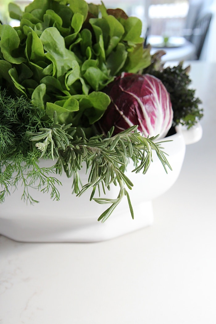 Vegetable, herb and fruit DIY centerpiece arrangement idea for your table top.