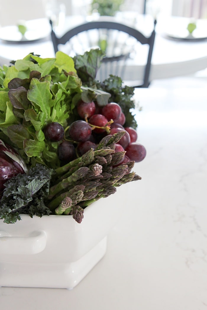 Vegetable Soup Tureen Centerpiece Idea using vegetables, herbs and fruit from the grocery store.