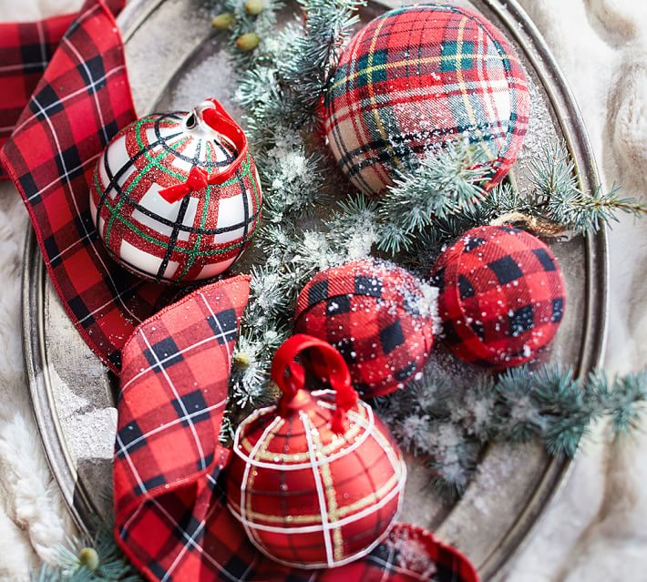 Holiday home decor essential: cheery plaid ornaments! Christmas and red plaid are the perfect pair! See my fun decor and gift ideas using these ornaments!