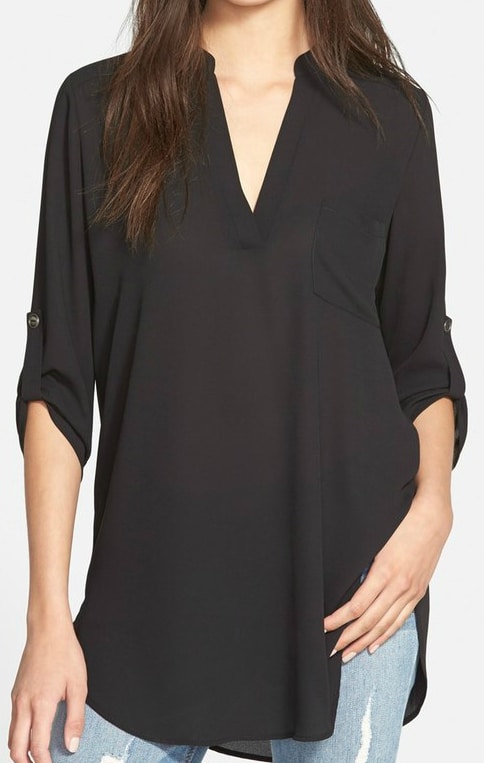 Black 'Perfect' Swingy Tunic: I LOVE the long, swingy silhouette of this tunic! The graceful movement and smooth split-neck tunic styled with roll-tab sleeves and a high/low hem is perfection. This is one of those tops you will wear over and over again - can be dressed up and dressed down! Add this comfy tunic to skinny jeans and booties or leggings and riding boots with a pendant necklace or a bejeweled bib necklace!