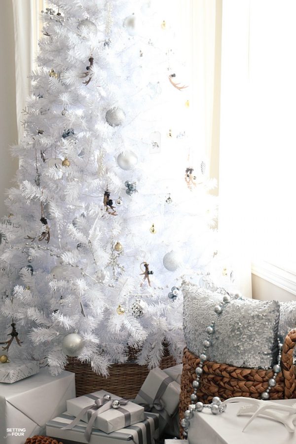 White Christmas Tree  Rustic Glam Style  Setting for Four