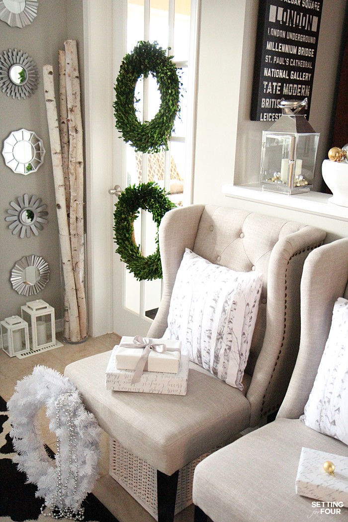 Holiday home decor ideas: How to decorate an Elegant and Neutral Christmas Foyer.