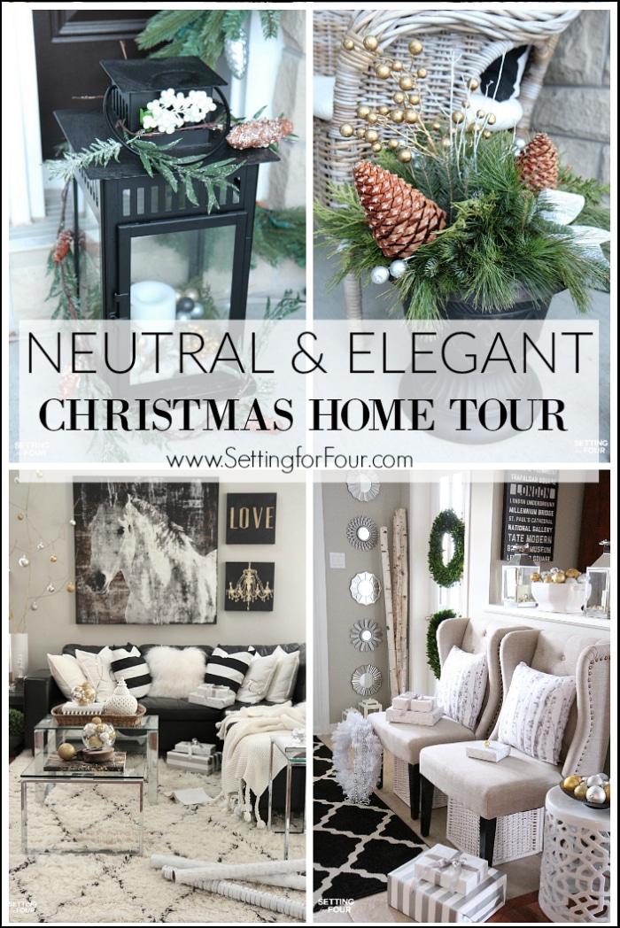 Elegant and Neutral Christmas Home Tour and decorating tips - see my front porch, foyer, family room, dining room and Christmas tree with festive glam decor ideas.