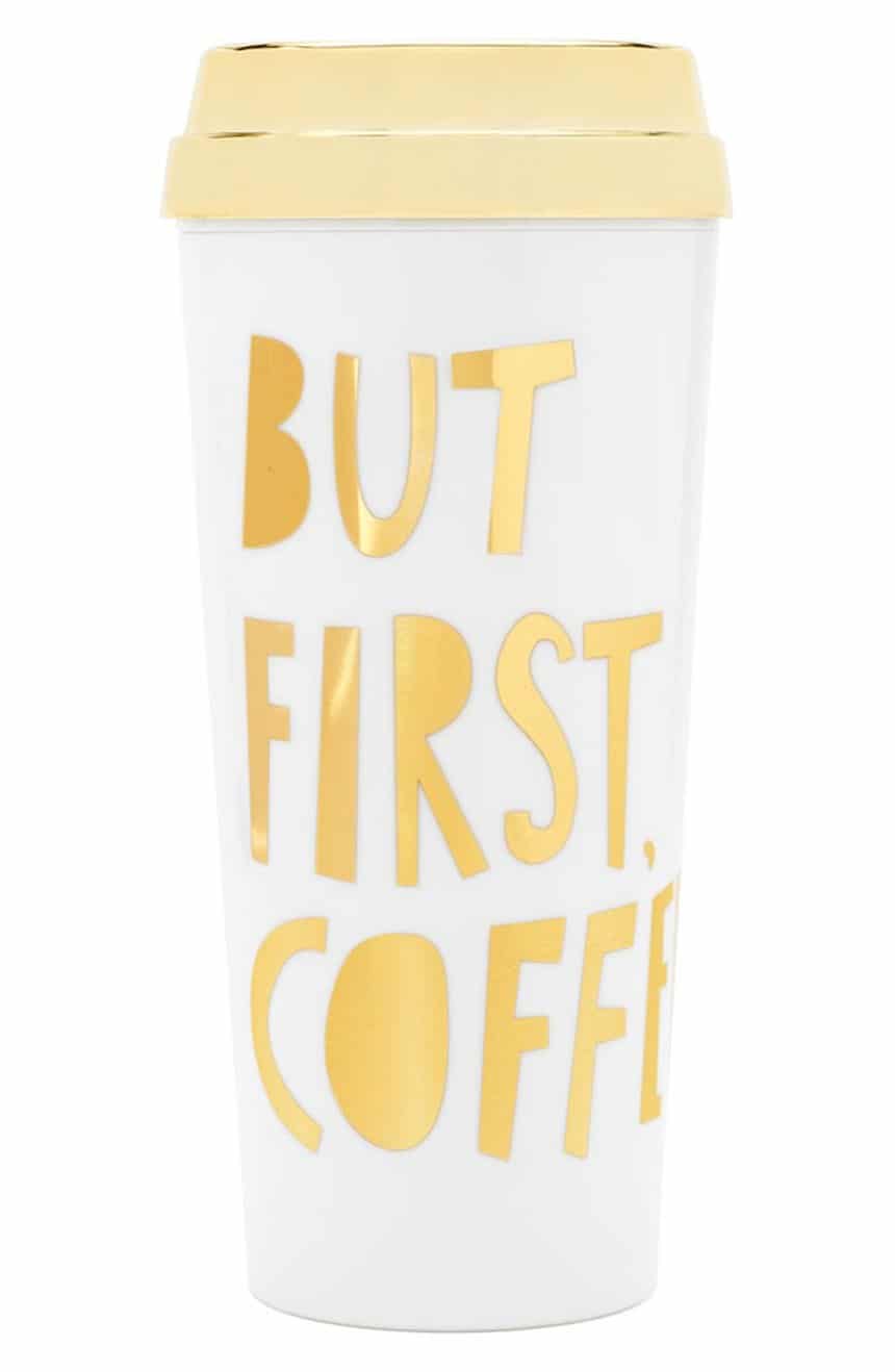 'But First Coffee' Thermal Travel Mug - I need this! I love the playful quote (yep- so true!) and the glam gold lettering. This chic travel mug will keep coffee and tea warm while you're on the go!