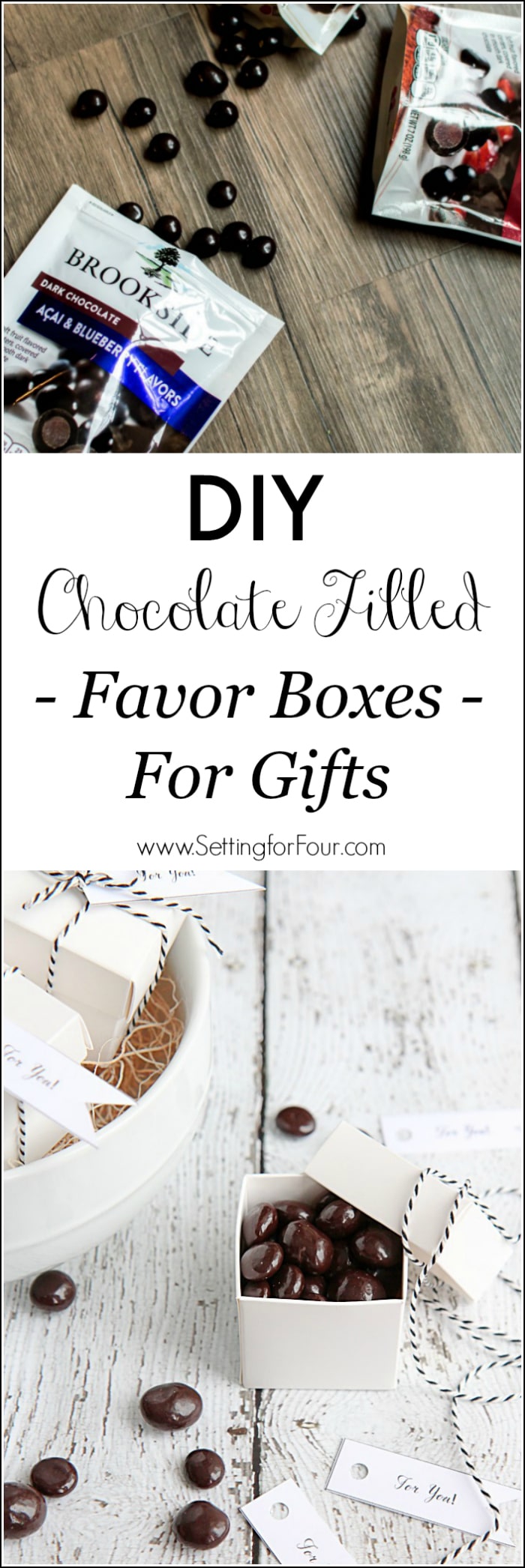 Learn how to make these adorable DIY Chocolate Filled Favor Boxes for Gifts! See the quick and easy tutorial! These chocolatey mini favor boxes make perfect, yummy gift idea for the holidays, teacher gifts, thank you gifts as well as wedding and party favors. #ad