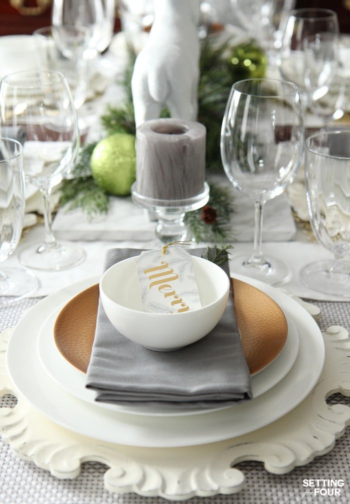 Holiday Home Decor Idea: See this design blogger's elegant HOLIDAY CHIC gold and white place setting and an exciting Mikasa Dinnerware Giveaway - sponsored - to win one 16 piece dinnerware set!