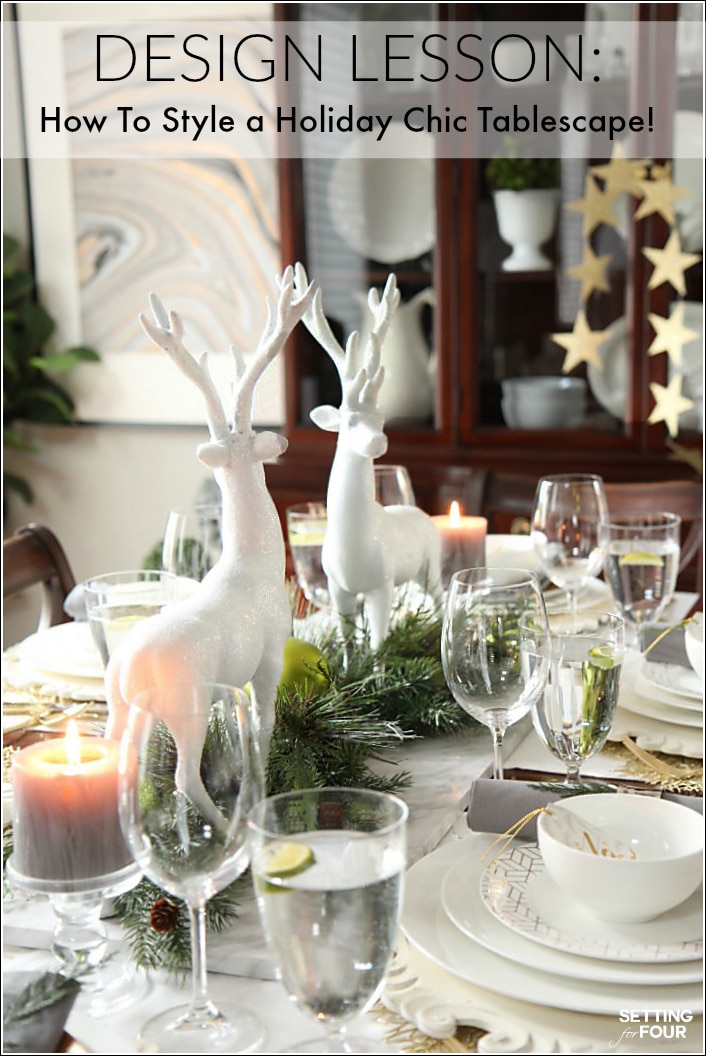 A holiday chic Christmas centerpiece is easy to create with a few essential decor elements! See the design lesson, styling secrets and tips on how to create this design blogger's chic winter wonderland look for your holiday table!